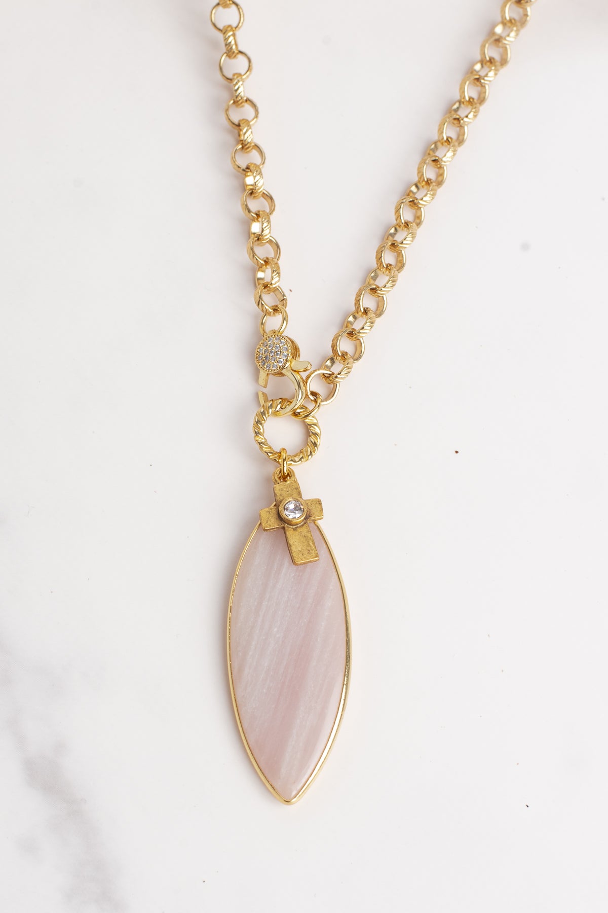 Rose Quartz Gemstone Chain Necklace with a Gold Cross and Crystal
