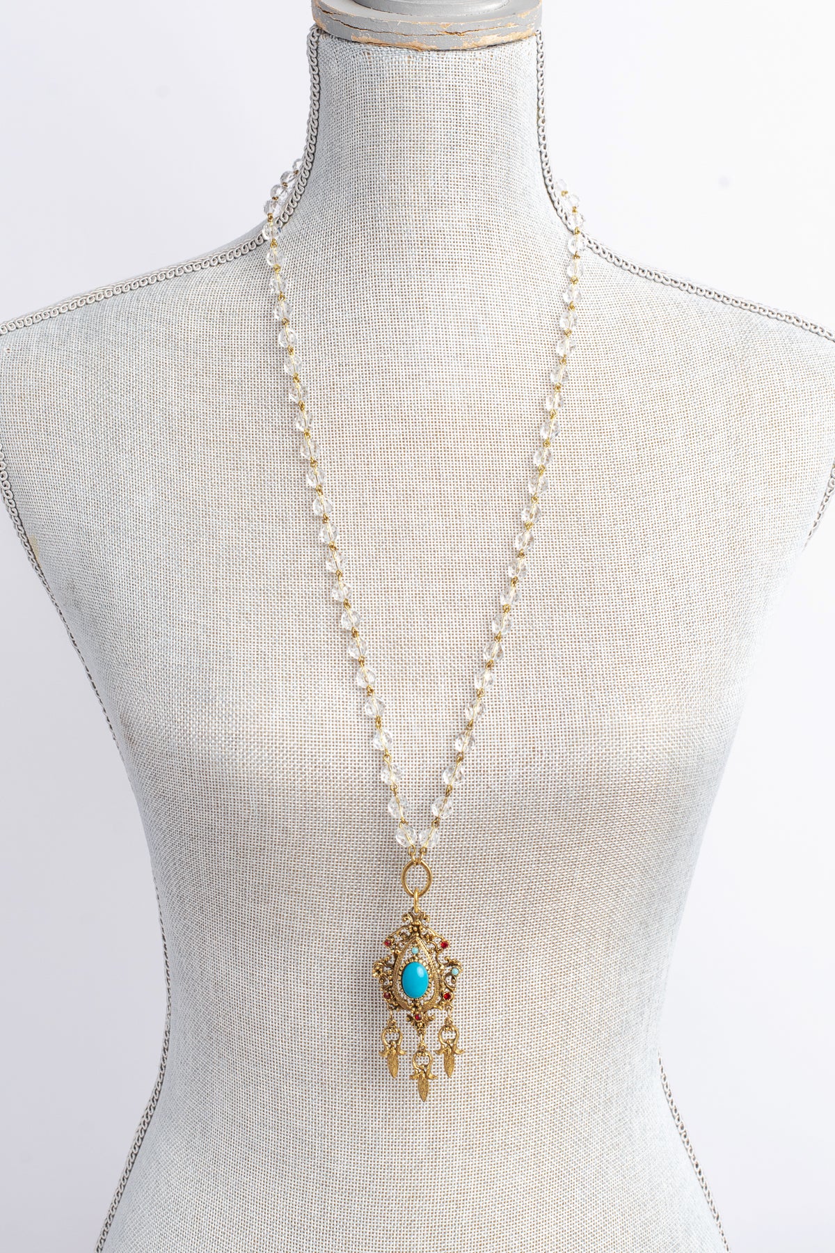 Vintage Celebrity NYC Designer Pendant with Red Rhinestones and Faux Turquoise on an Austrian Crystal and Gold Rosary Chain Necklace (Copy)