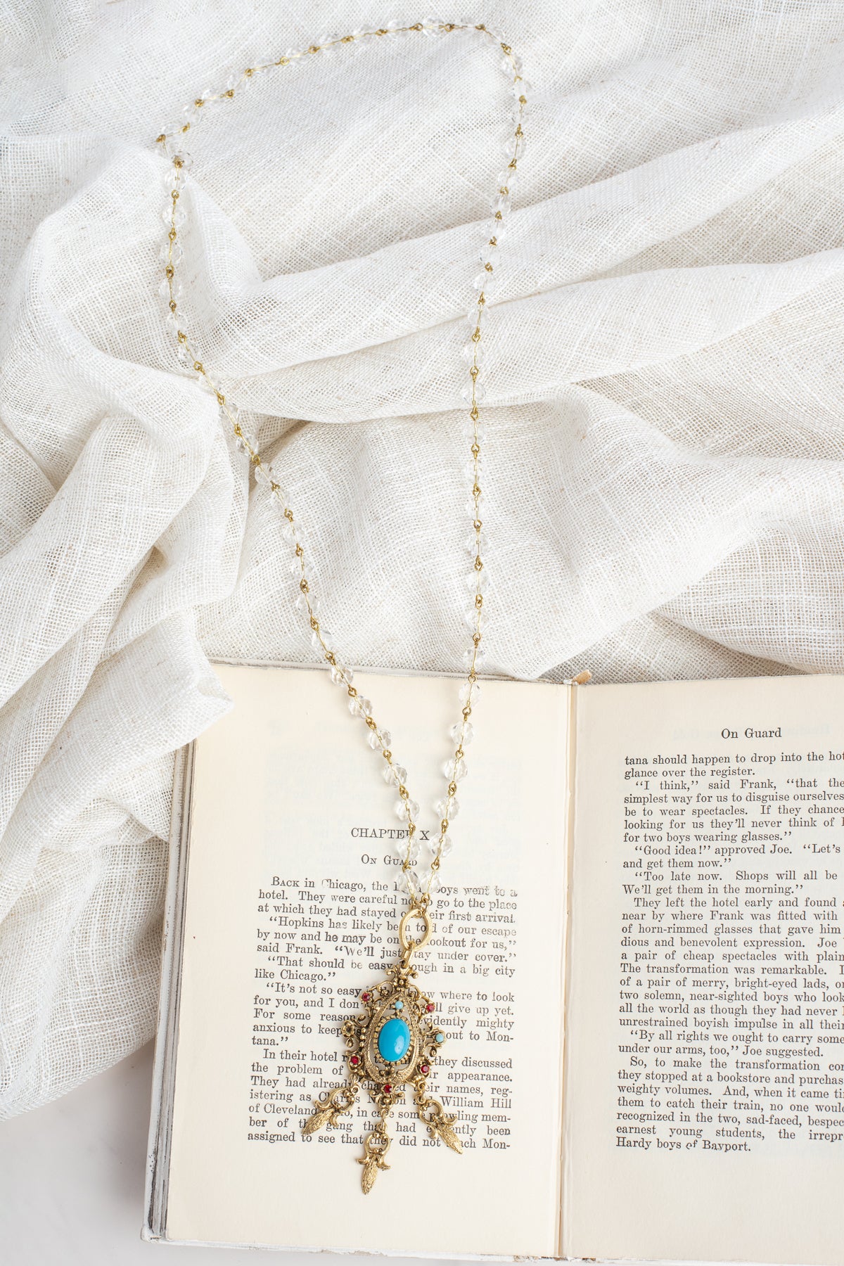 Vintage Celebrity NYC Designer Pendant with Red Rhinestones and Faux Turquoise on an Austrian Crystal and Gold Rosary Chain Necklace (Copy)