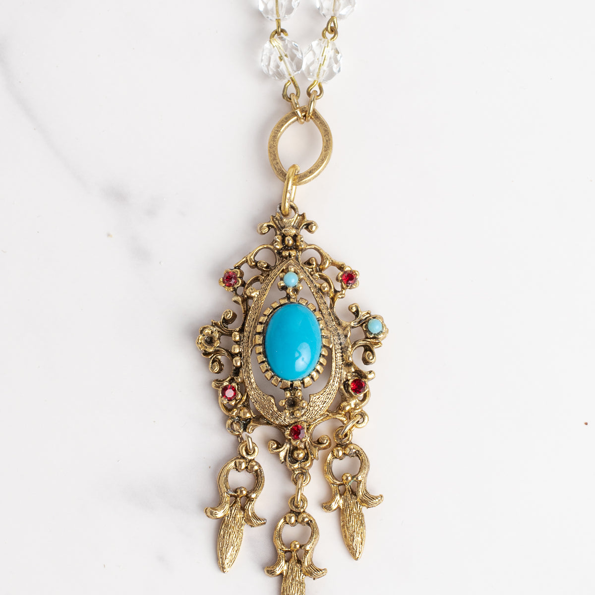 Vintage Celebrity NYC Designer Pendant with Red Rhinestones and Faux Turquoise on an Austrian Crystal and Gold Rosary Chain Necklace (Copy)