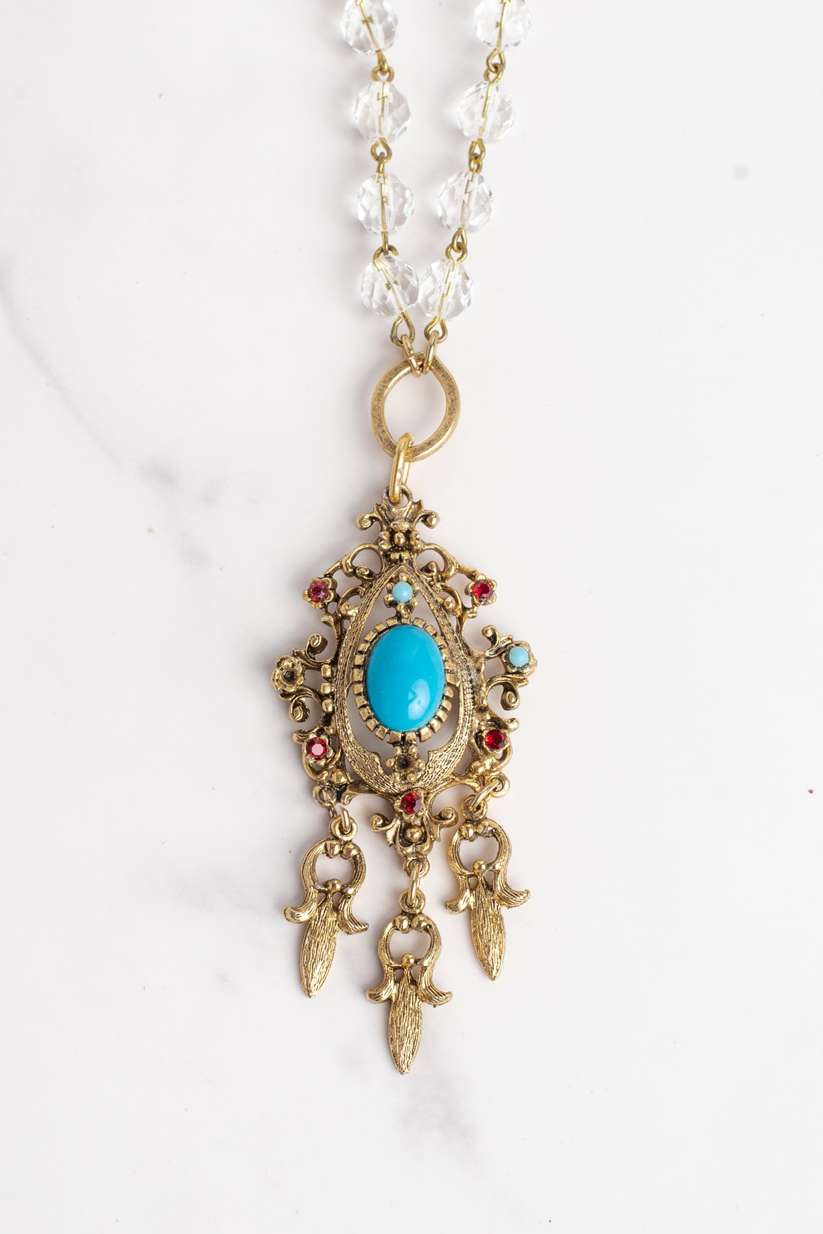 Vintage Celebrity NYC Designer Pendant with Red Rhinestones and Faux Turquoise on an Austrian Crystal and Gold Rosary Chain Necklace (Copy)