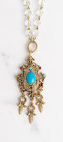 Vintage Celebrity NYC Designer Pendant with Red Rhinestones and Faux Turquoise on an Austrian Crystal and Gold Rosary Chain Necklace (Copy)