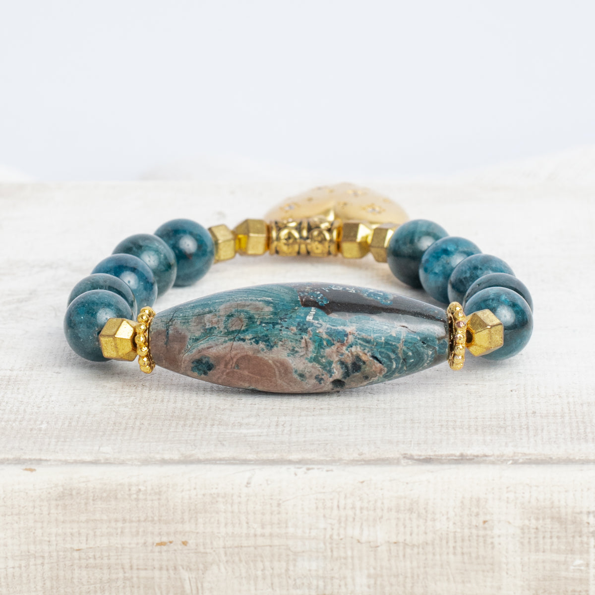 Blue Green Agate Stone Focal Bead on a Stretch Bracelet with Gold Heart Charm with Crystal