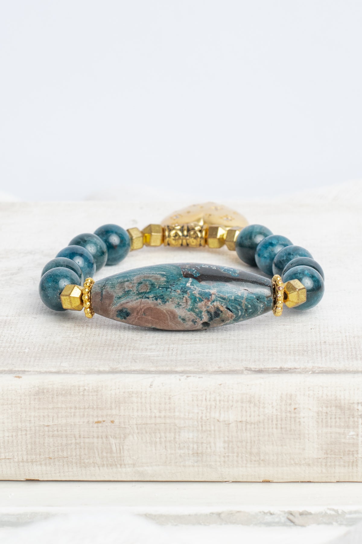 Blue Green Agate Stone Focal Bead on a Stretch Bracelet with Gold Heart Charm with Crystal