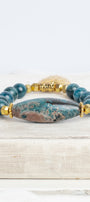 Blue Green Agate Stone Focal Bead on a Stretch Bracelet with Gold Heart Charm with Crystal