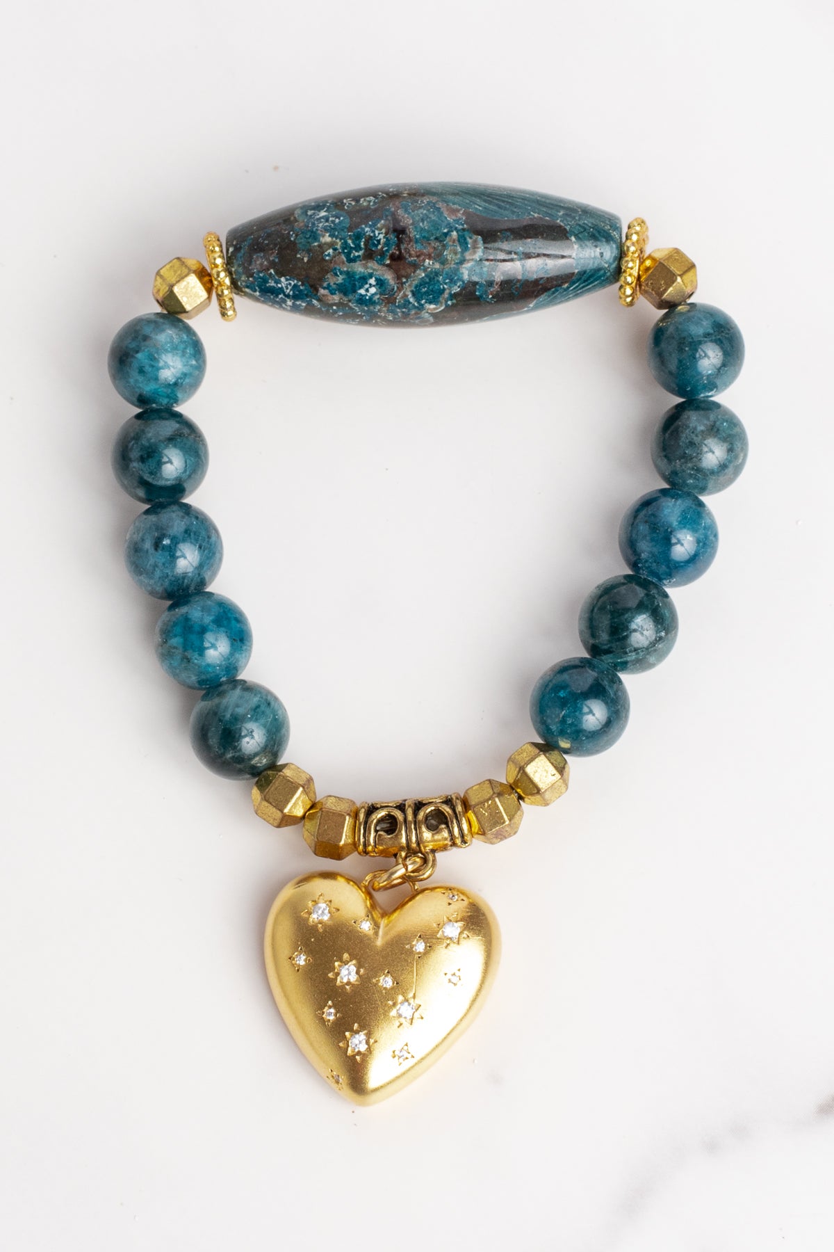 Blue Green Agate Stone Focal Bead on a Stretch Bracelet with Gold Heart Charm with Crystal
