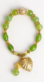 Green Peridot Semiprecious Gemstone Stretch Bracelet with Gold Plated Heart and Stone Charms