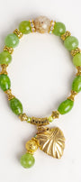 Green Peridot Semiprecious Gemstone Stretch Bracelet with Gold Plated Heart and Stone Charms