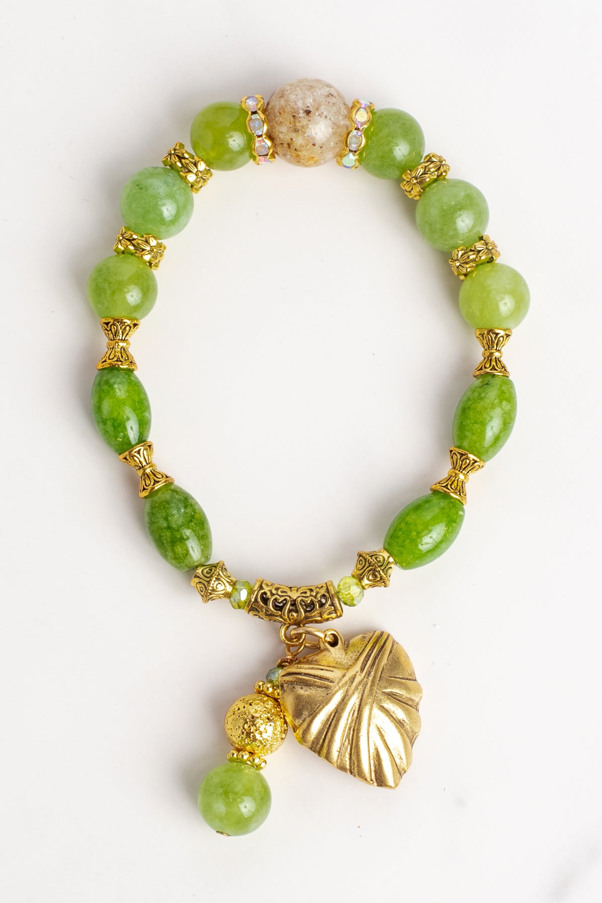 Green Peridot Semiprecious Gemstone Stretch Bracelet with Gold Plated Heart and Stone Charms
