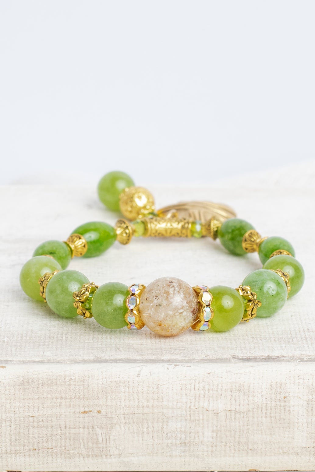 Green Peridot Semiprecious Gemstone Stretch Bracelet with Gold Plated Heart and Stone Charms
