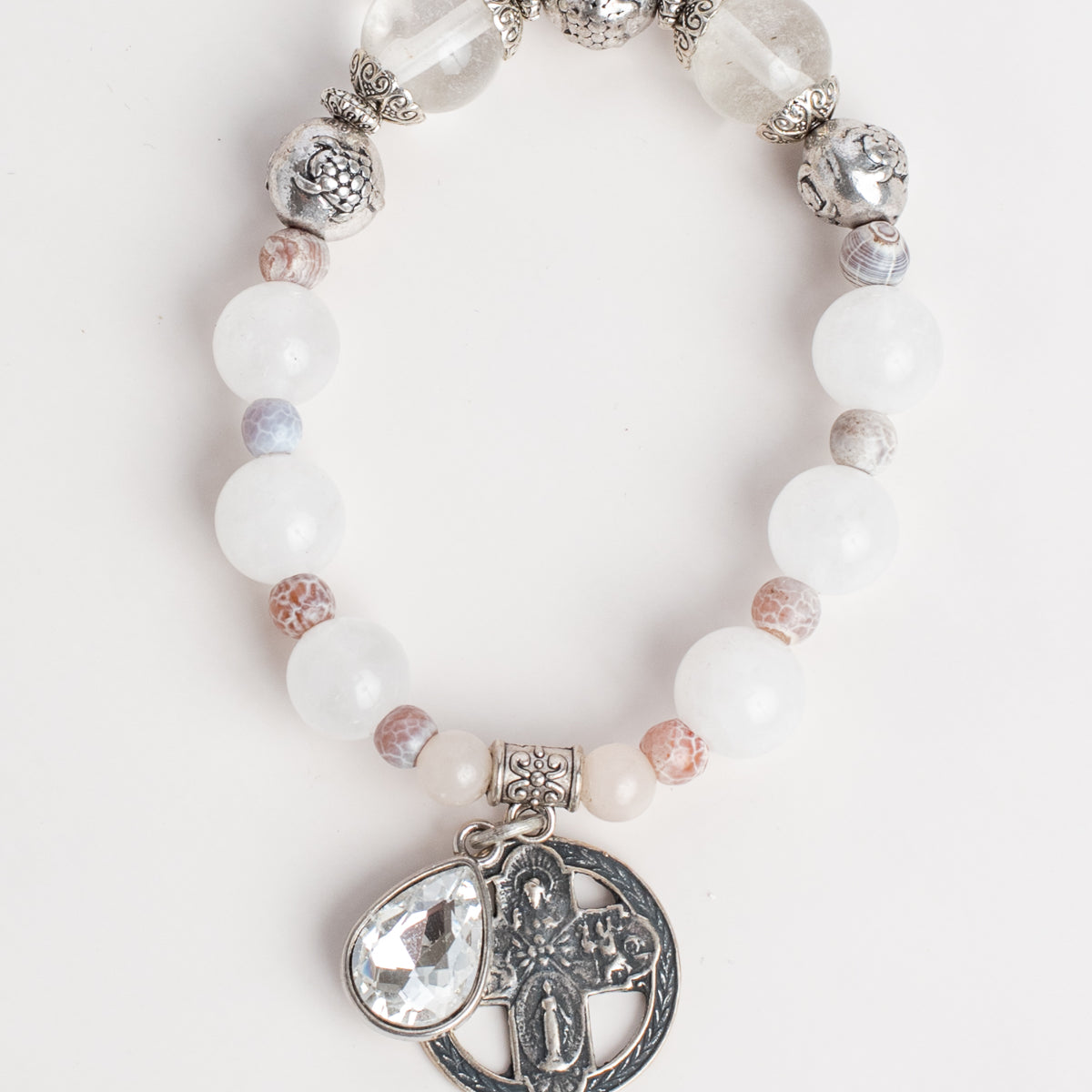 White Quartz Stretch Bracelet with Catholic Open Cross Charm and Crystal, Turtles and Shell