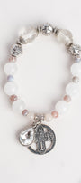 White Quartz Stretch Bracelet with Catholic Open Cross Charm and Crystal, Turtles and Shell