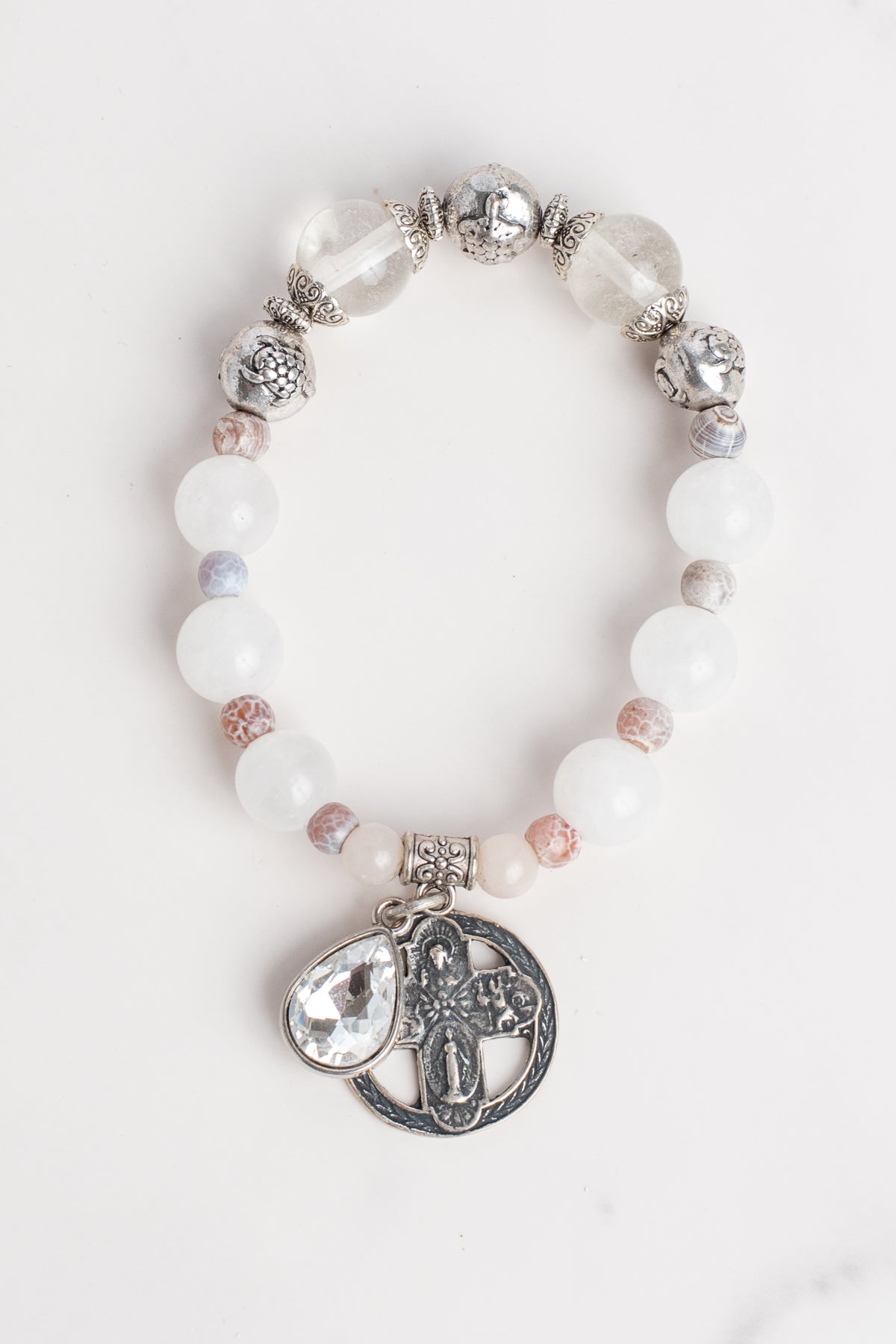 White Quartz Stretch Bracelet with Catholic Open Cross Charm and Crystal, Turtles and Shell