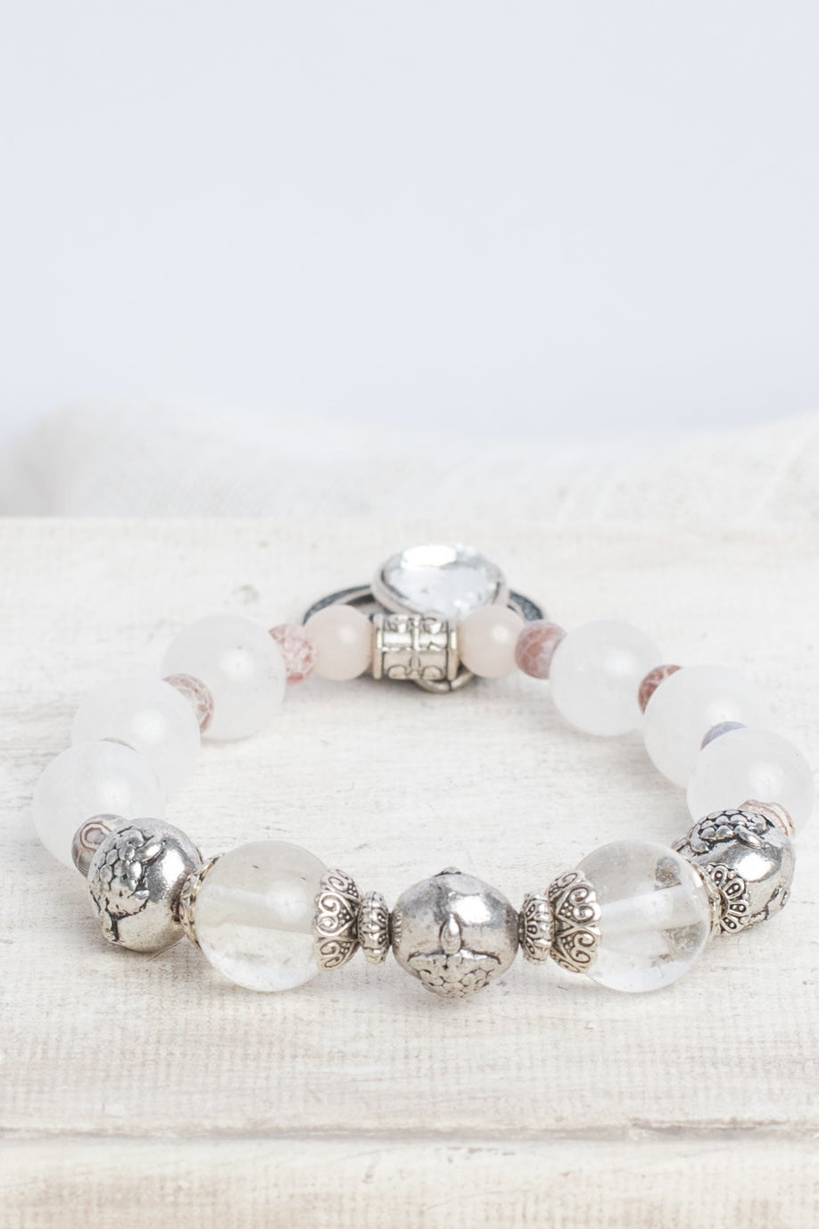 White Quartz and Silver Turtle & Shell Beads Stretch Bracelet