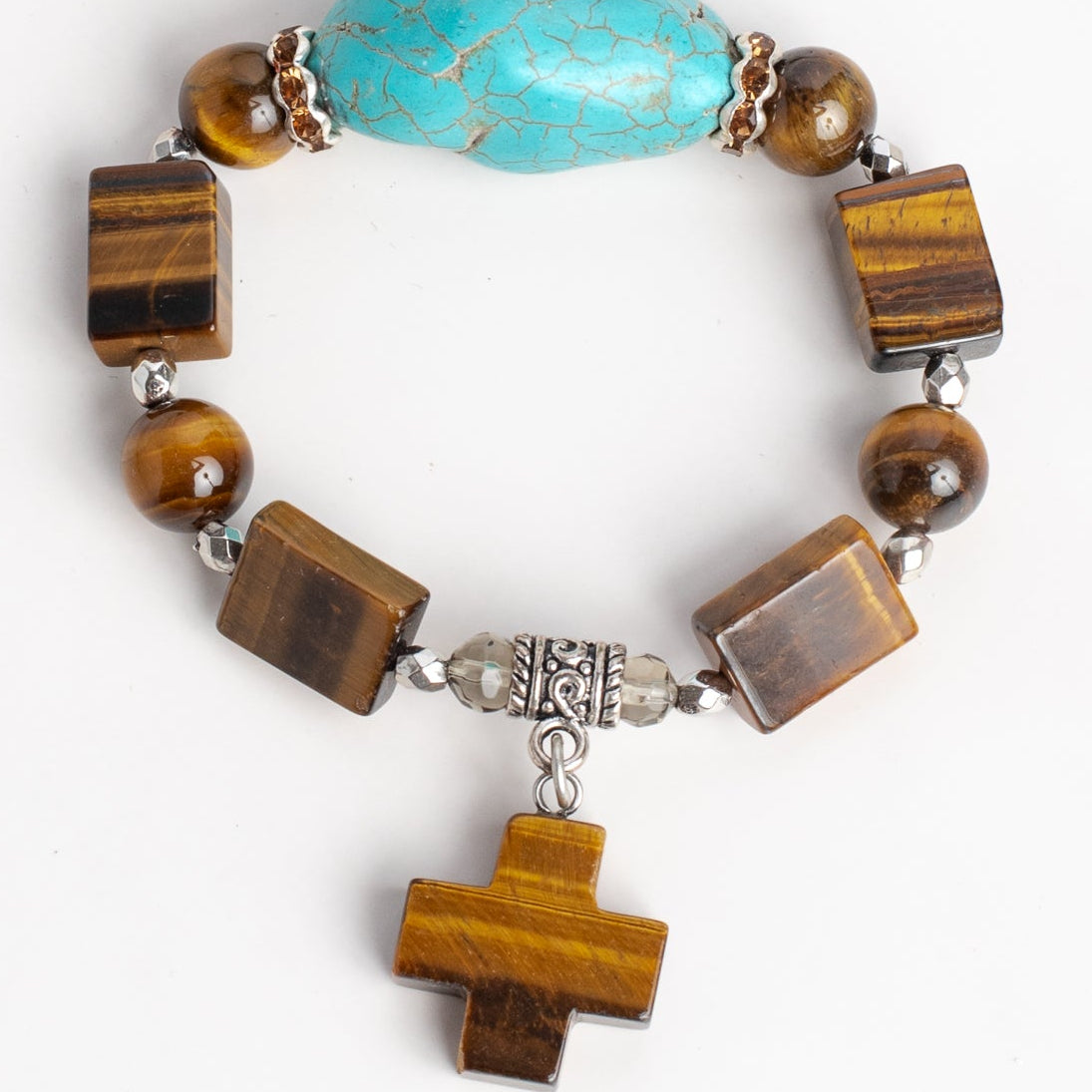 Brown Tiger's Eye Jasper and Turquiose Stone Stretch Bracelet with a Stone Cross Charm