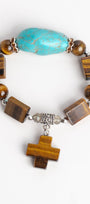 Brown Tiger's Eye Jasper and Turquiose Stone Stretch Bracelet with a Stone Cross Charm