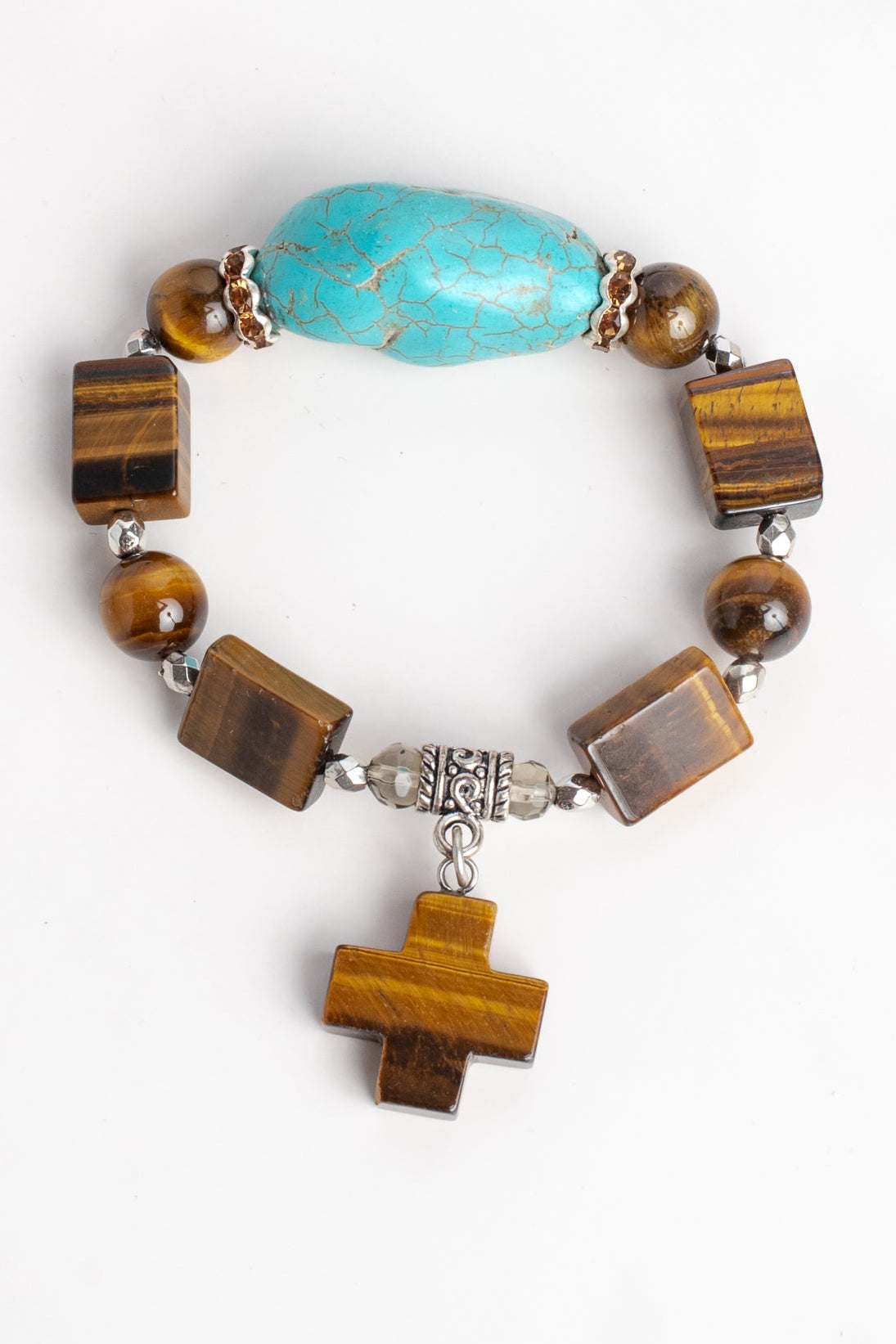 Brown Tiger's Eye Jasper and Turquiose Stone Stretch Bracelet with a Stone Cross Charm