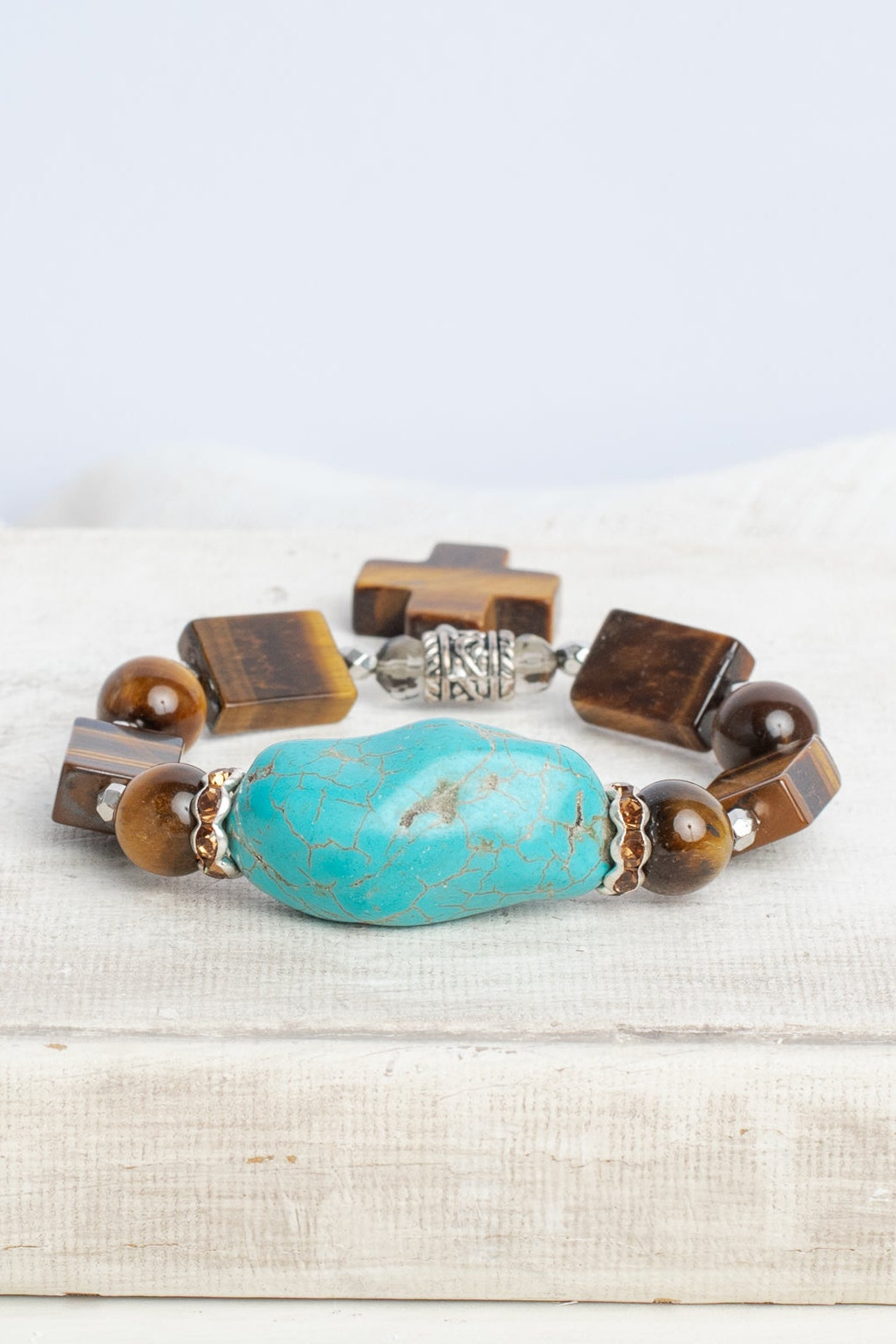 Brown Tiger's Eye Jasper and Turquiose Stone Stretch Bracelet with a Stone Cross Charm