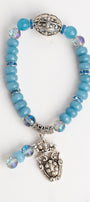 European Style Bead on a Blue Quartz Stretch Bracelet with a Silver Plated French Crown Shield Charm