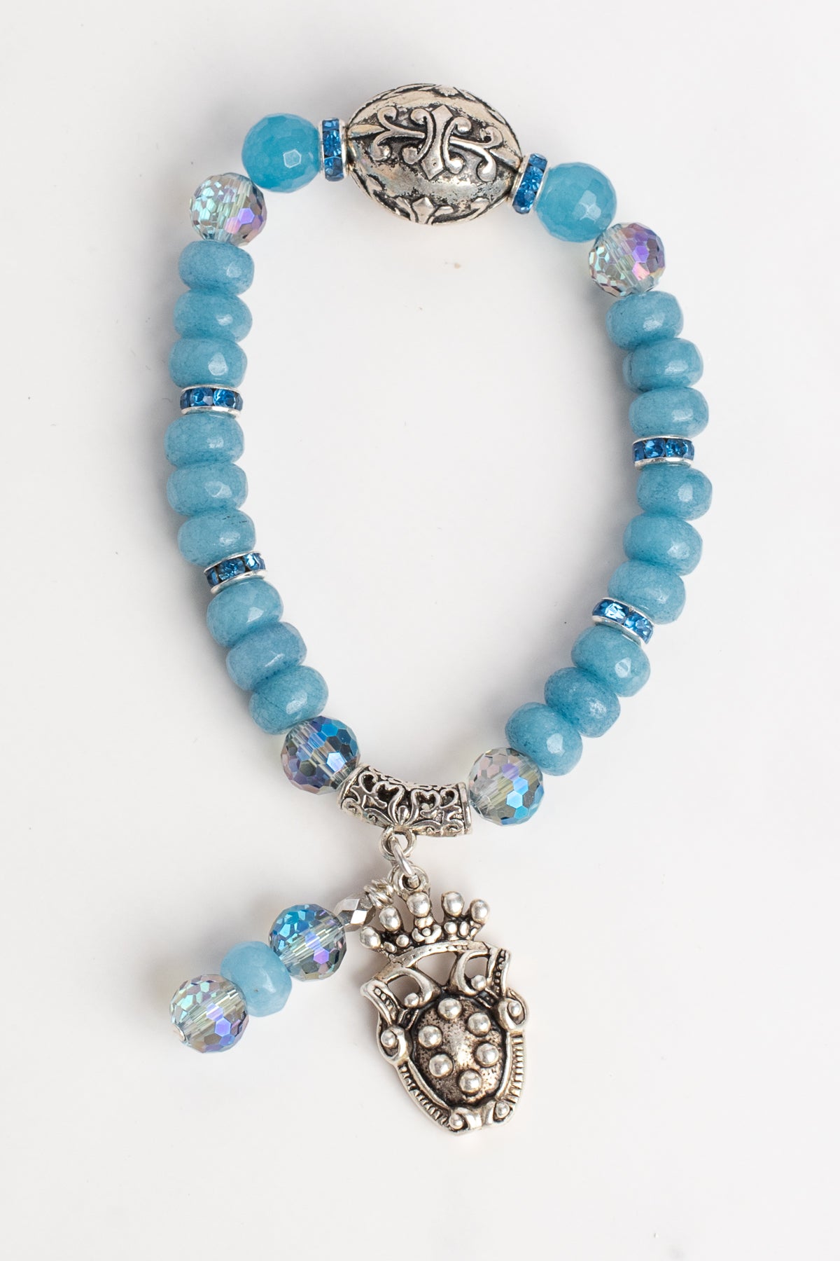 European Style Bead on a Blue Quartz Stretch Bracelet with a Silver Plated French Crown Shield Charm