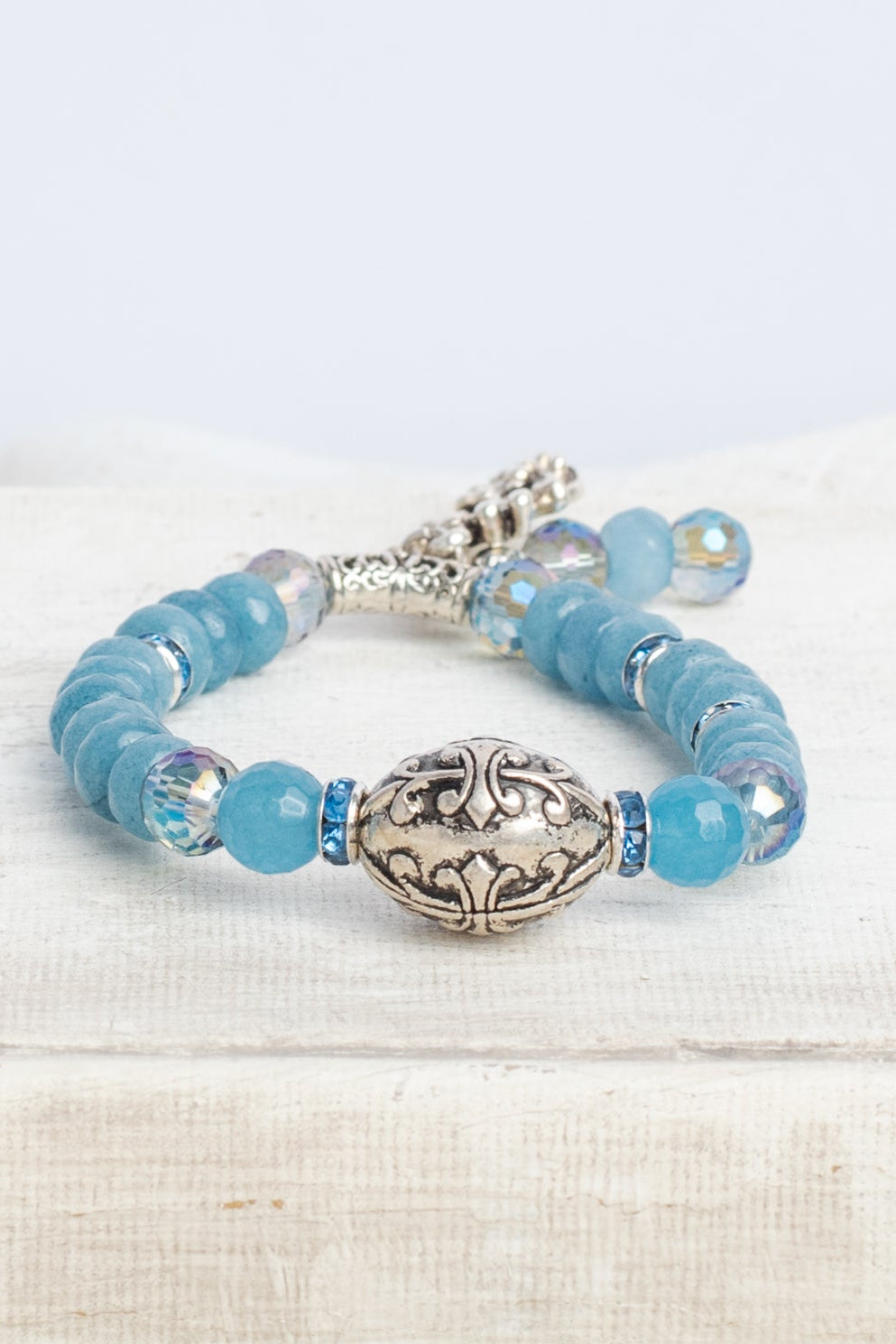 Blue Quartz & French Crowned Shield Stretch Bracelet