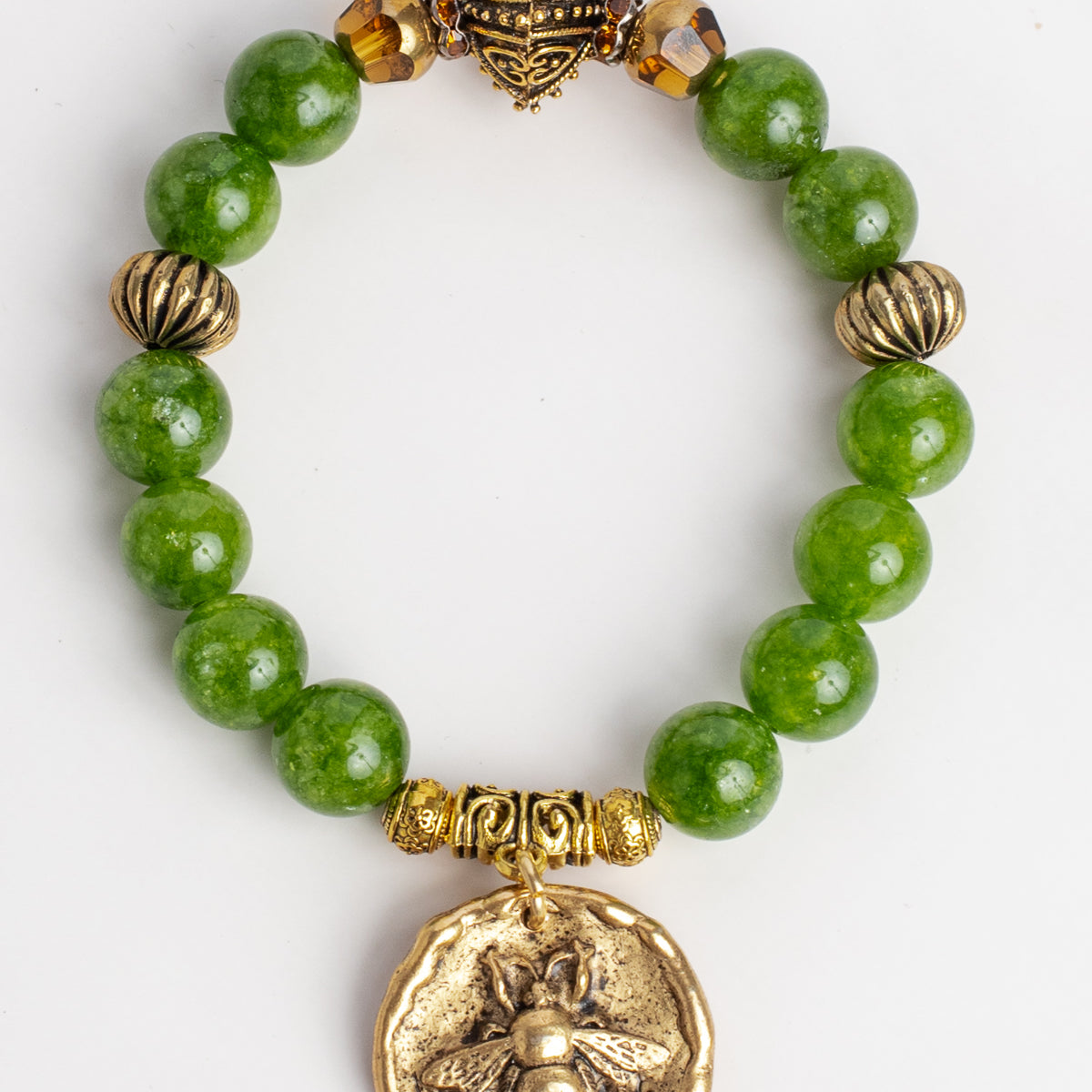 Green Peridot Semiprecious Gemstone Bracelet with Gold Plated Medallion Bee Charm
