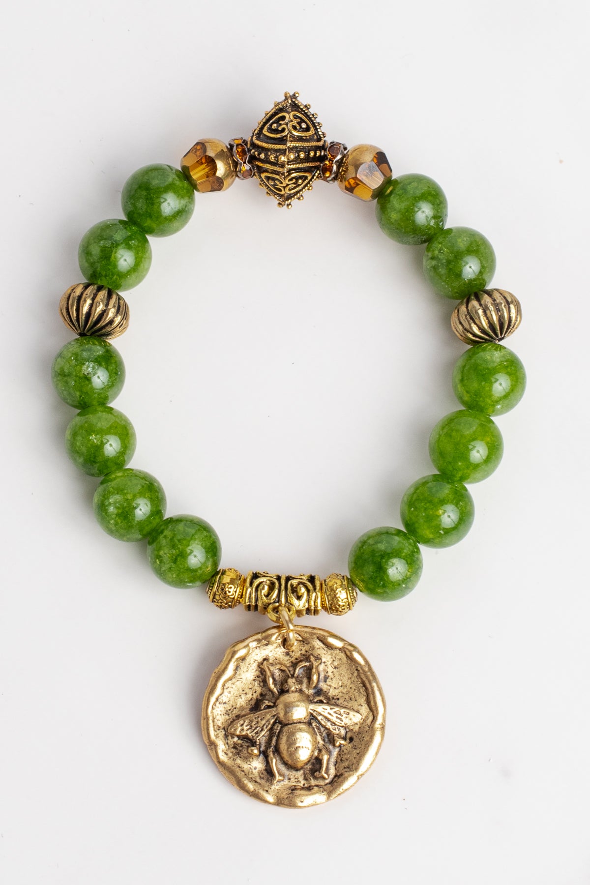 Green Peridot Semiprecious Gemstone Bracelet with Gold Plated Medallion Bee Charm