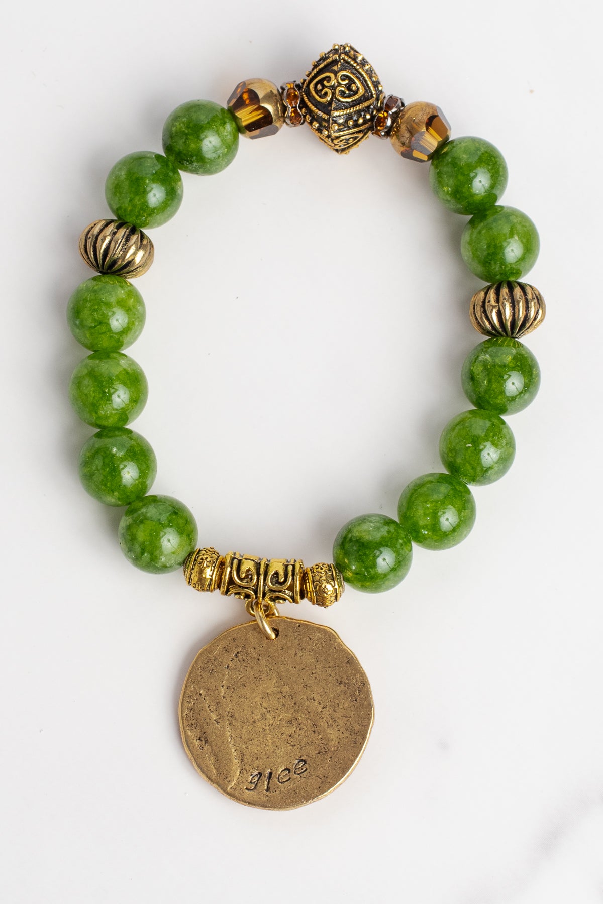 Green Peridot Bracelet with Gold Medallion Bee Charm