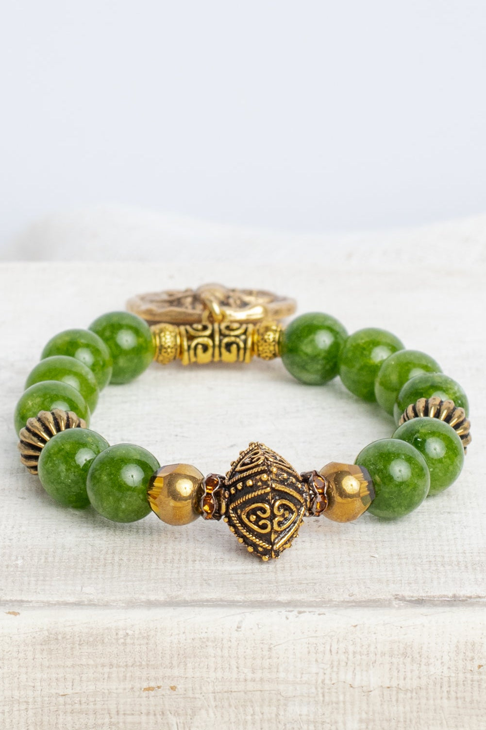 Green Peridot Semiprecious Gemstone Bracelet with Gold Plated Medallion Bee Charm