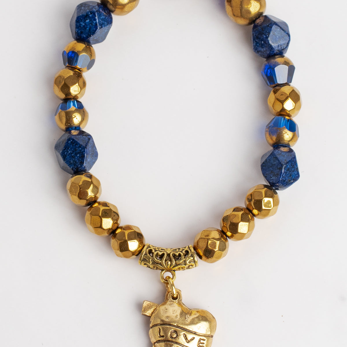 Royal Blue Lapis and Gold plated Hemitite Stone Stretch Bracelet with Gold HOPE and Crystal Charms