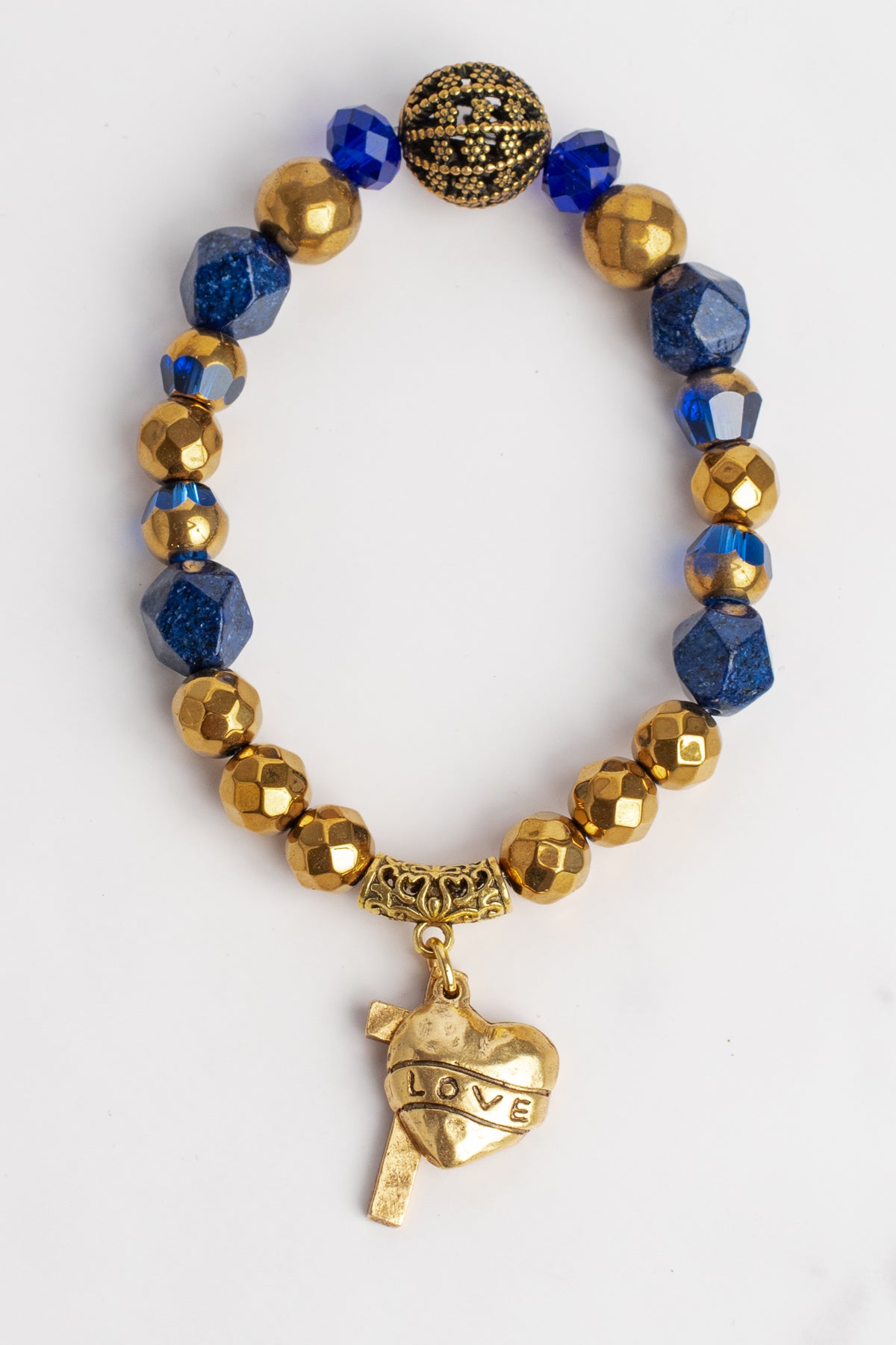 Royal Blue Lapis and Gold plated Hemitite Stone Stretch Bracelet with Gold HOPE and Crystal Charms