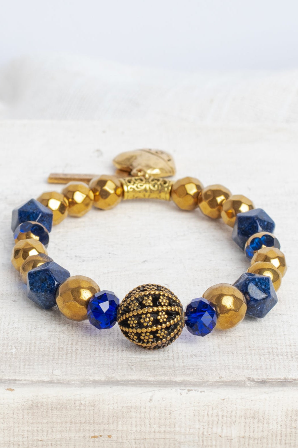 Blue Lapis, Hemitite and Crystal Stretch Bracelet with LOVE Heart and Cross