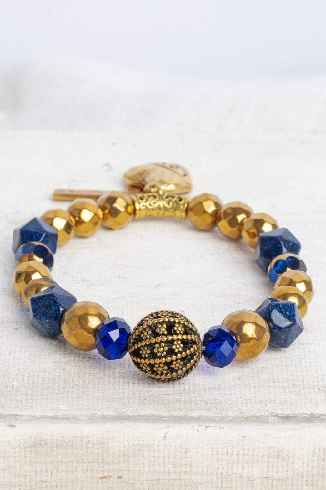 Royal Blue Lapis and Gold plated Hemitite Stone Stretch Bracelet with Gold HOPE and Crystal Charms