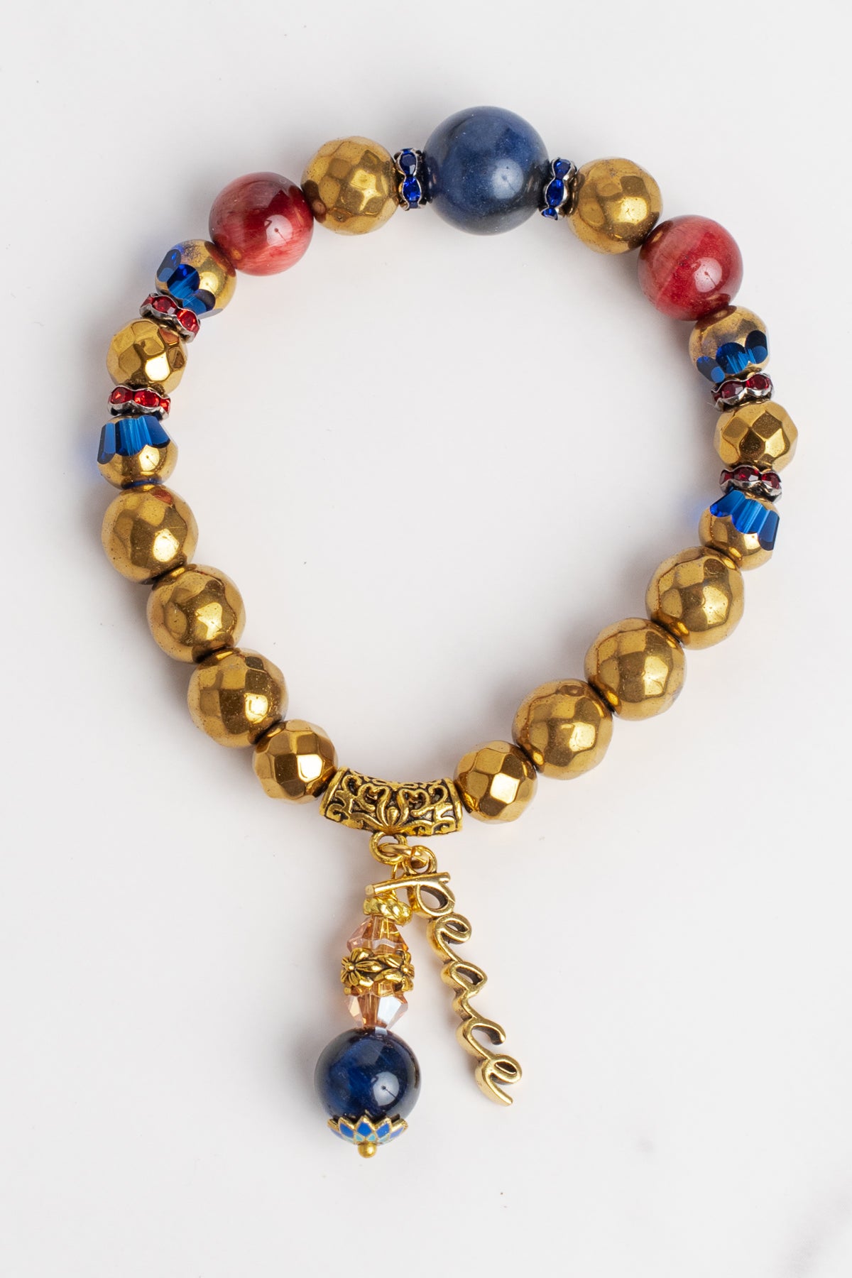 Royal Blue Lapis and Gold plated Hemitite Stone Stretch Bracelet with Gold PEACE Charm