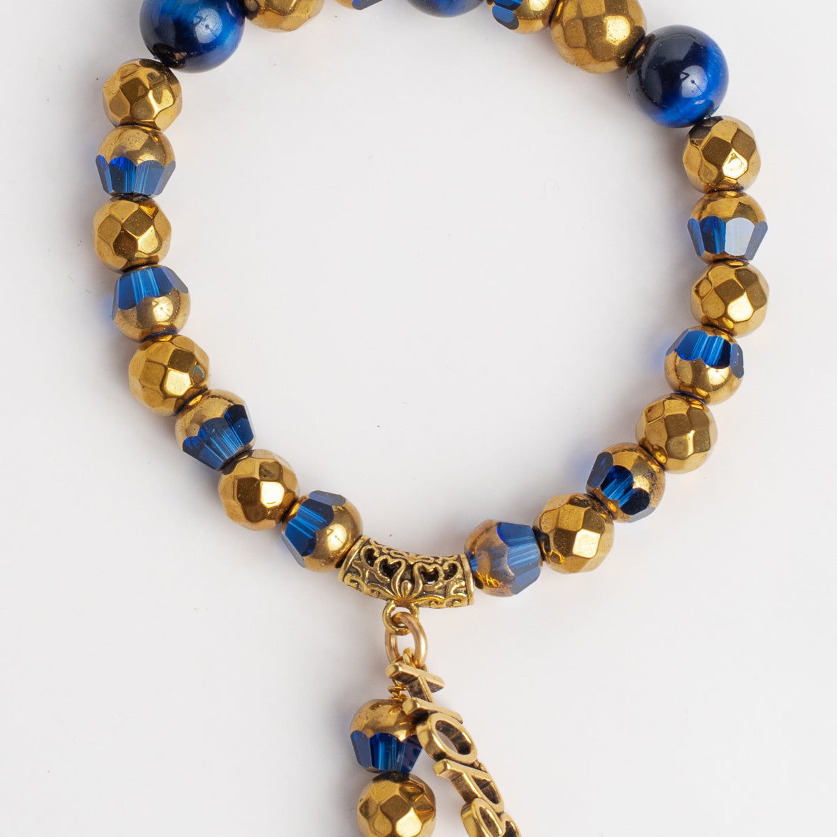 Royal Blue Lapis and Gold plated Hemitite Stone Stretch Bracelet with Gold HOPE Charm