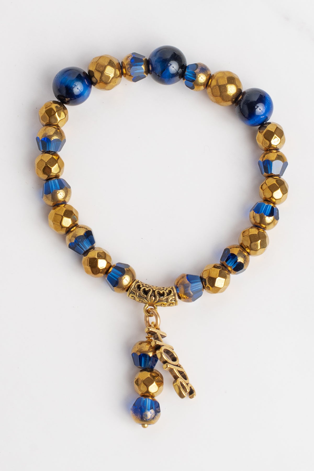 Blue Lapis and Hemitite HOPE Charm Stone Stretch Bracelet