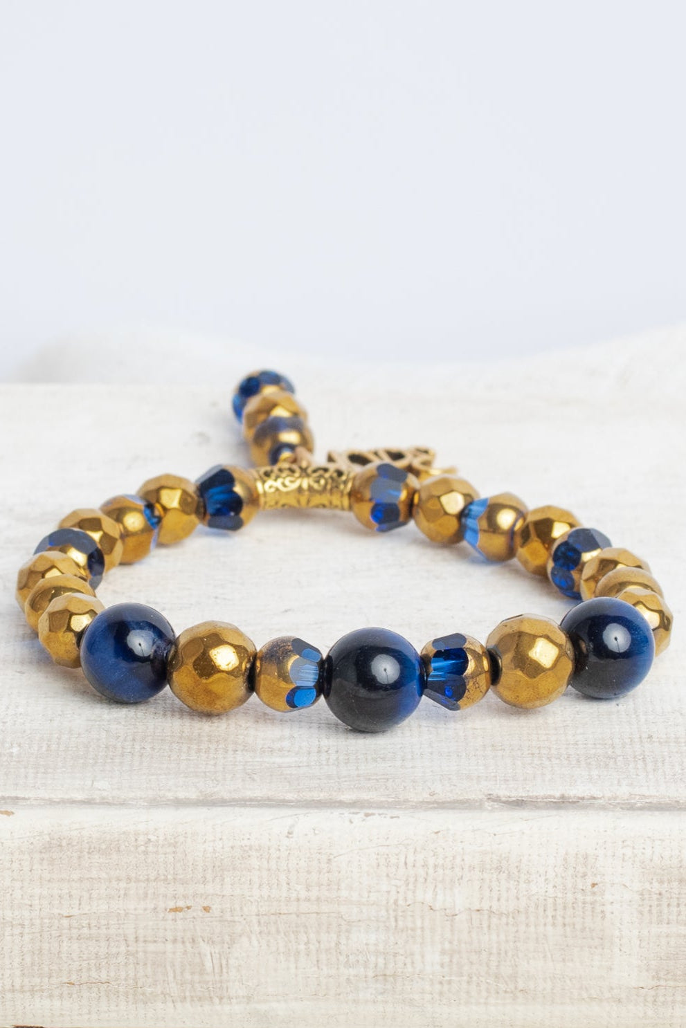 Royal Blue Lapis and Gold plated Hemitite Stone Stretch Bracelet with Gold HOPE Charm