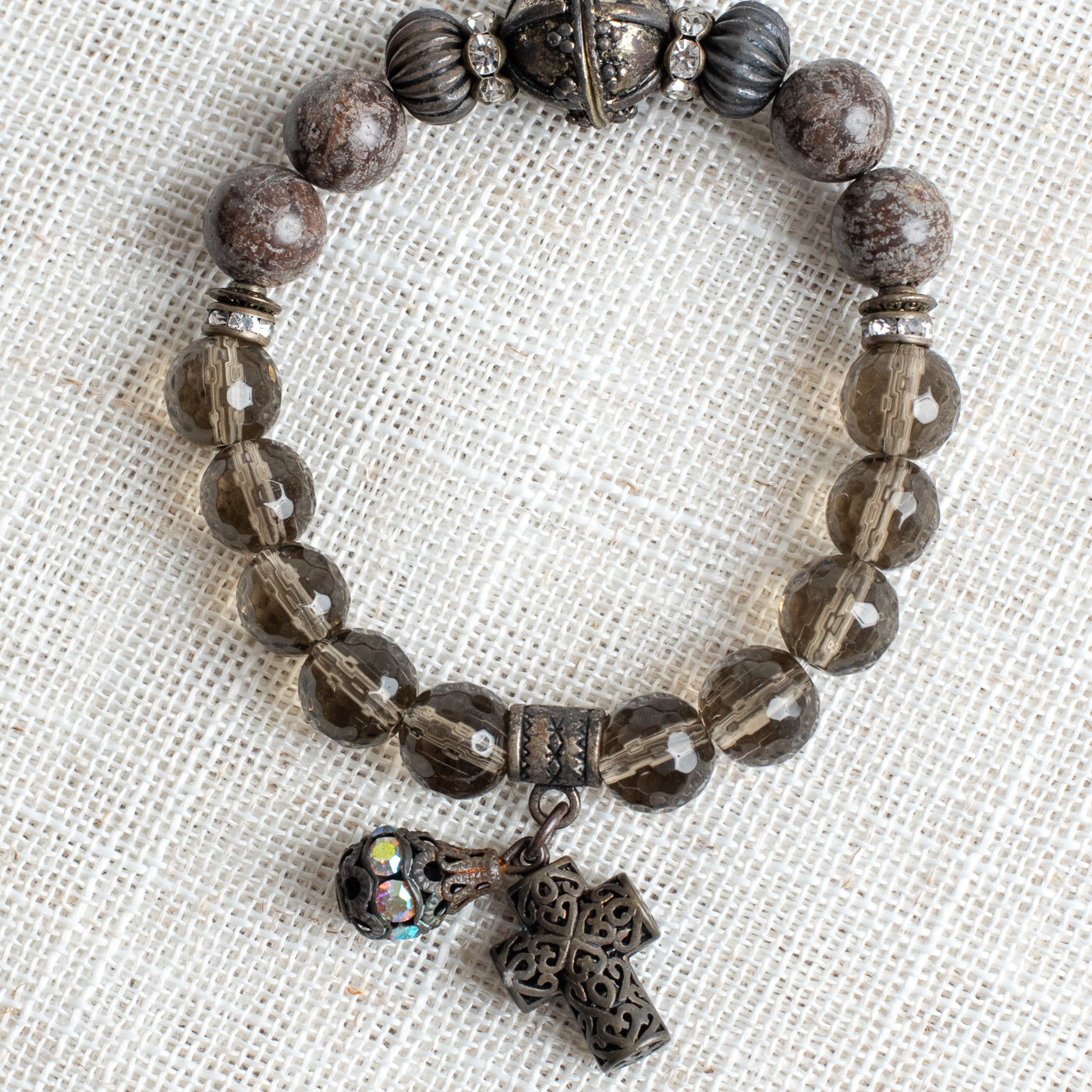 Brown Speculed Jasper and Smokey Quartz Gemstone Beaded Stretch Bracelet with Dark Metal Filigree Cross and Rhinestone Charms