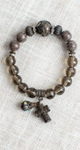 Brown Speculed Jasper and Smokey Quartz Gemstone Beaded Stretch Bracelet with Dark Metal Filigree Cross and Rhinestone Charms
