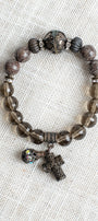 Brown Speculed Jasper and Smokey Quartz Gemstone Beaded Stretch Bracelet with Dark Metal Filigree Cross and Rhinestone Charms