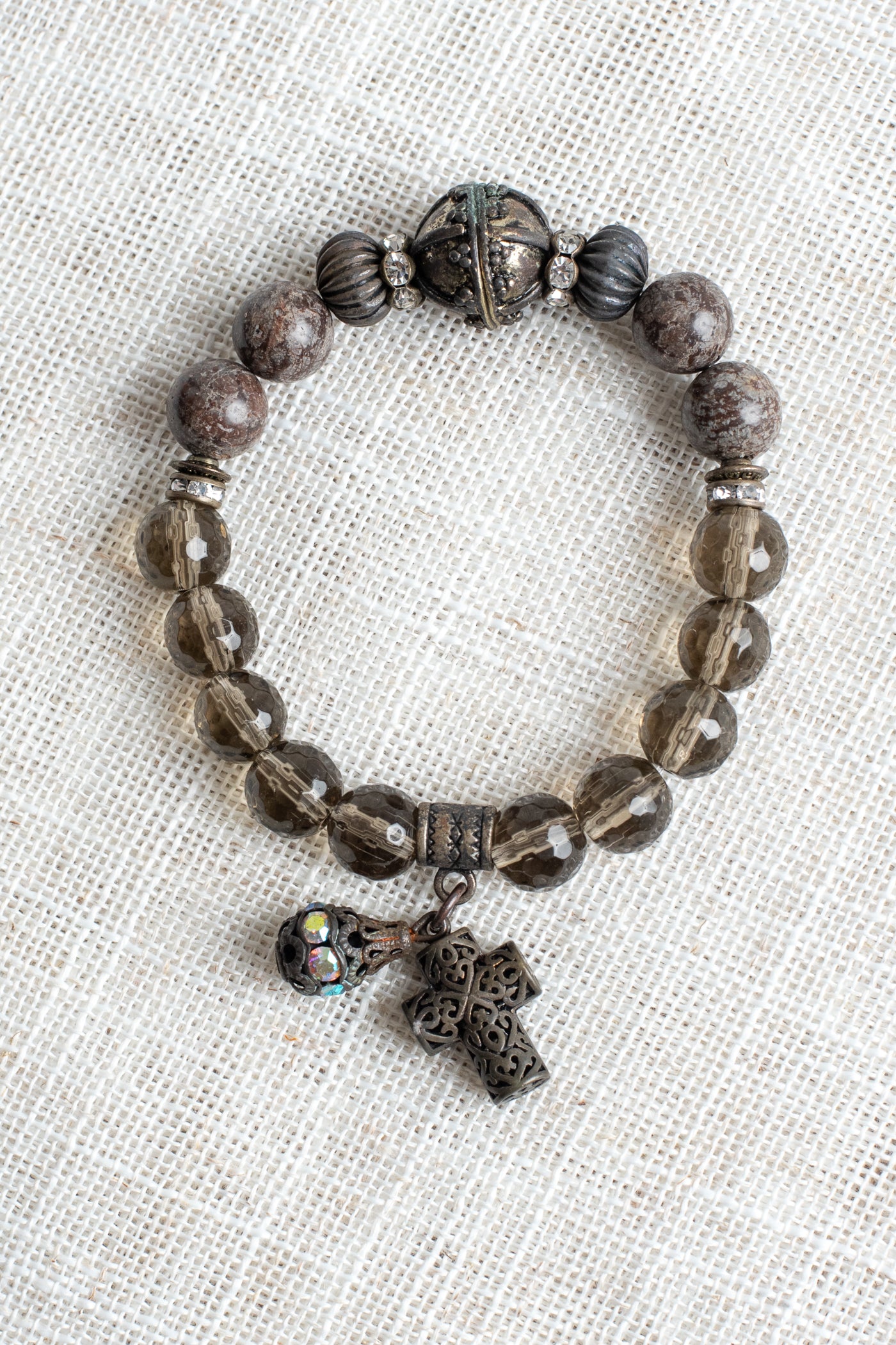 Brown Speculed Jasper and Smokey Quartz Gemstone Beaded Stretch Bracelet with Dark Metal Filigree Cross and Rhinestone Charms