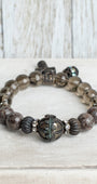 Brown Speculed Jasper and Smokey Quartz Gemstone Beaded Stretch Bracelet with Dark Metal Filigree Cross and Rhinestone Charms