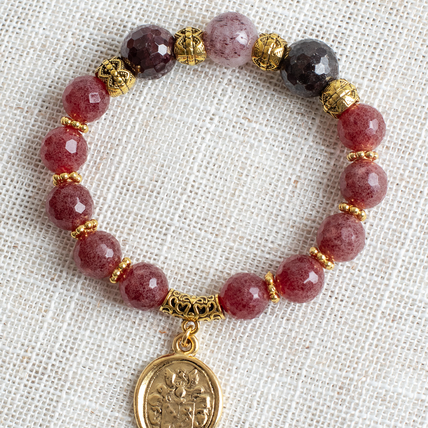 Red Orange Garnet Gemstone Beaded Stretch Bracelet with Gold Plated Armorial Charm