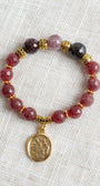 Red Orange Garnet Gemstone Beaded Stretch Bracelet with Gold Plated Armorial Charm