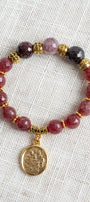 Red Orange Garnet Gemstone Beaded Stretch Bracelet with Gold Plated Armorial Charm