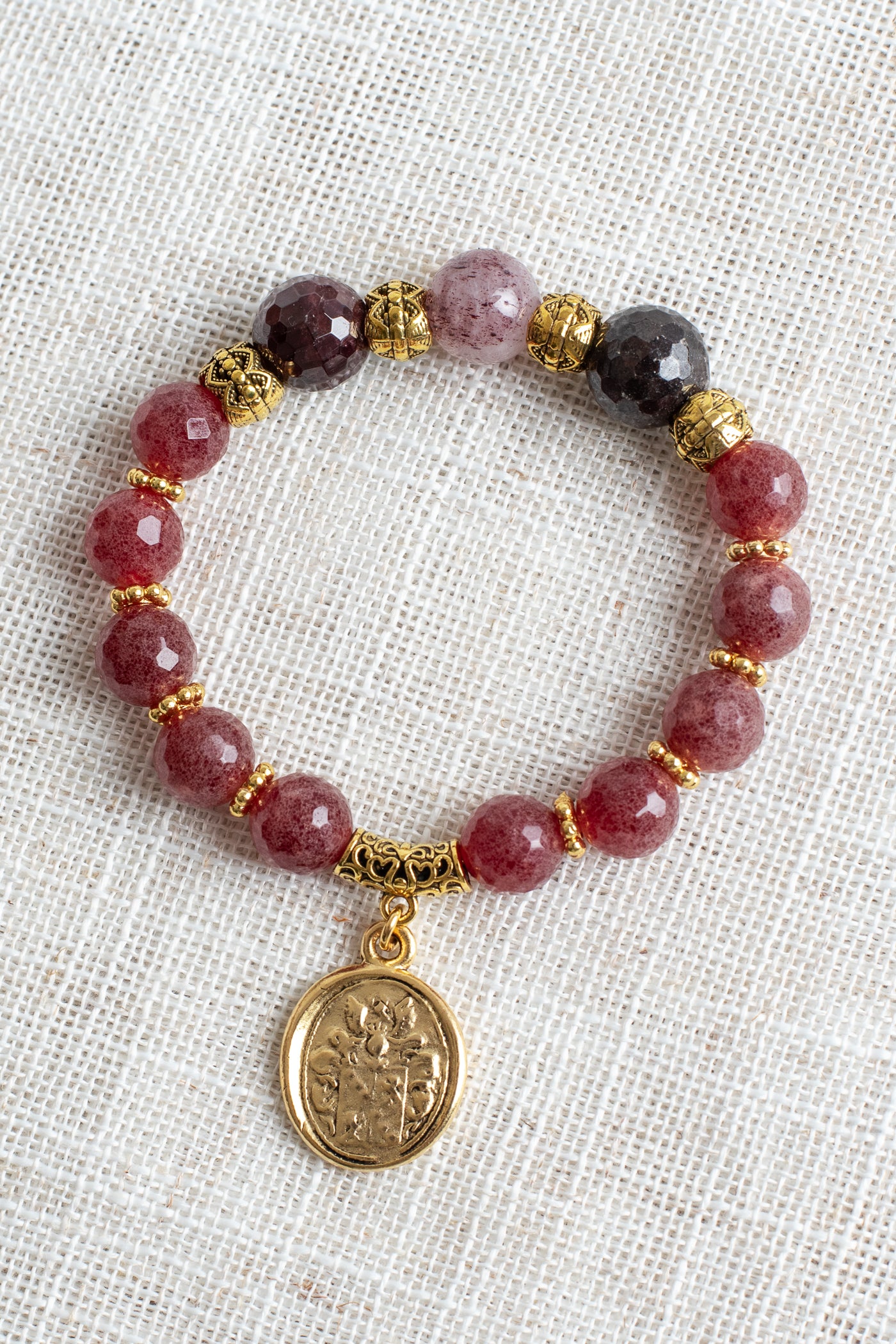 Red Orange Garnet Gemstone Beaded Stretch Bracelet with Gold Plated Armorial Charm