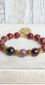Red Orange Garnet Gemstone Beaded Stretch Bracelet with Gold Plated Armorial Charm