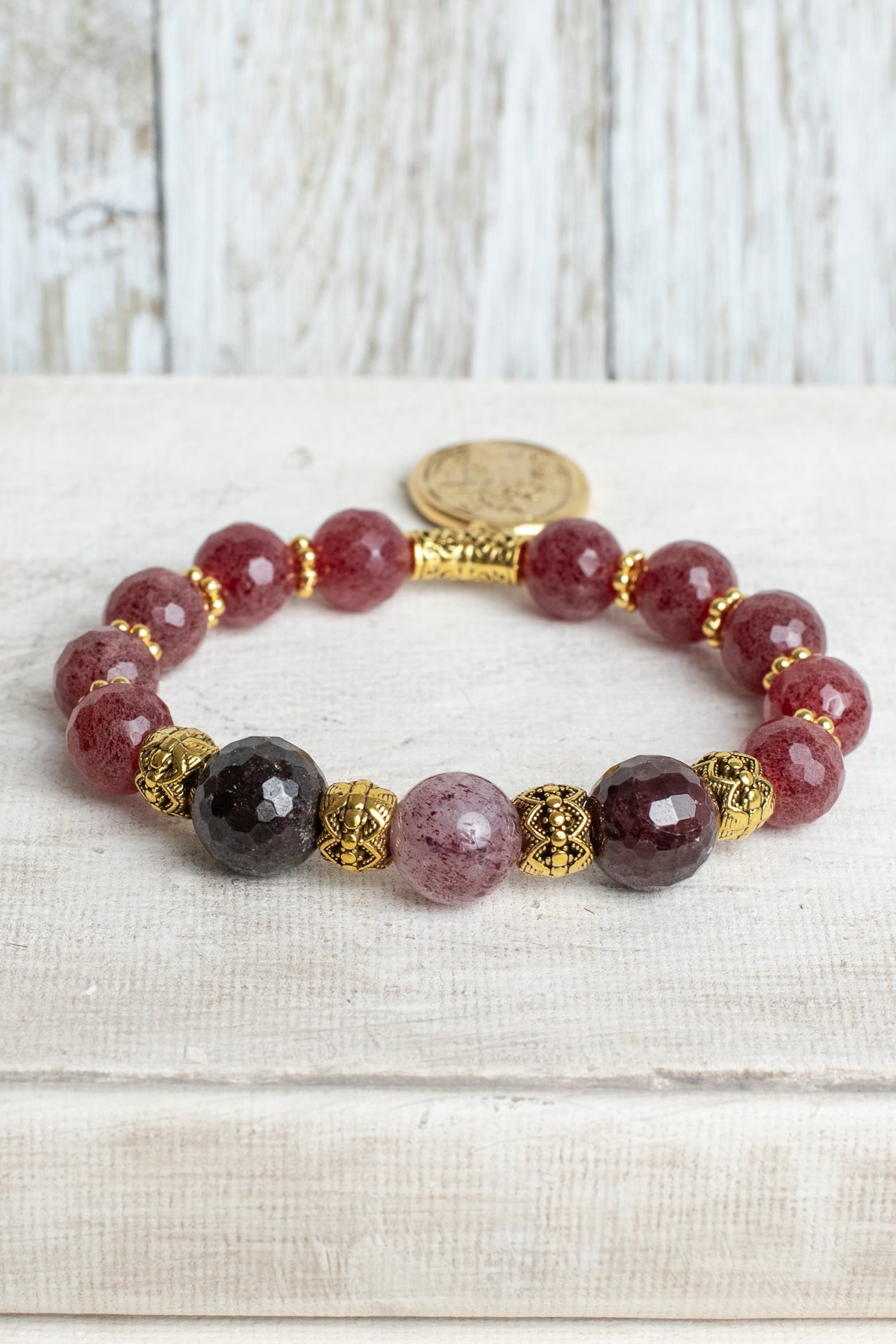 Red Orange Garnet Gemstone Beaded Stretch Bracelet with Gold Plated Armorial Charm
