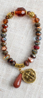 Warm Fall Multi Color Czech Fire Polished Beaded Stretch Bracelet with Gold Cross Charmm and Sandstone Drop