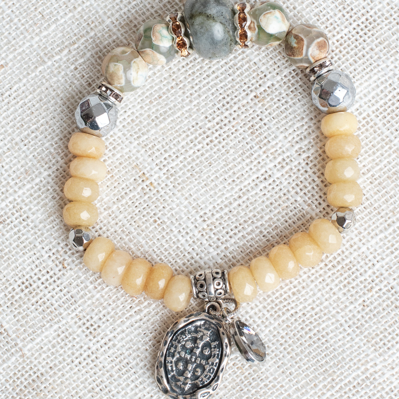 Beige Quartz Stretch Bracelet with Labradorite, Hemitite and Jasper plus Silver Cross Charm